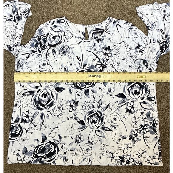 Karl Lagerfeld Paris Sz 3X Blk Wht Floral Keyhole back Layered Flutter Slv Tunic - Picture 7 of 8